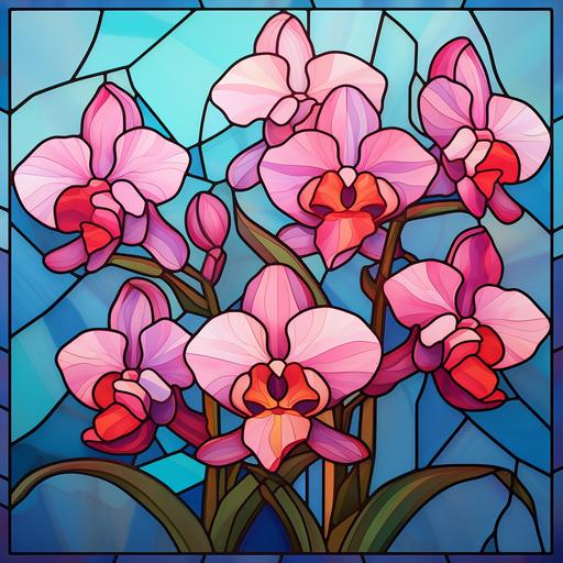 Naive folk art mural orchid flowers tiffany stainglass style, low - poly