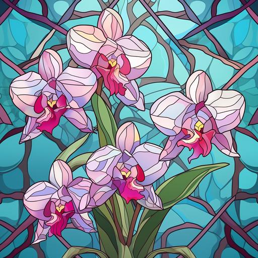 Naive folk art wallpaper orchid tiffany stainglass style, low - poly