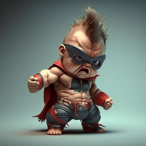 baby superhero, anime, with pants, crazy and furious