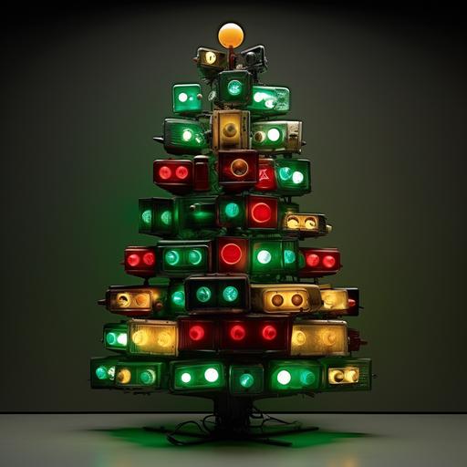 Nam June Paik style, green traffic light, Christmas tree