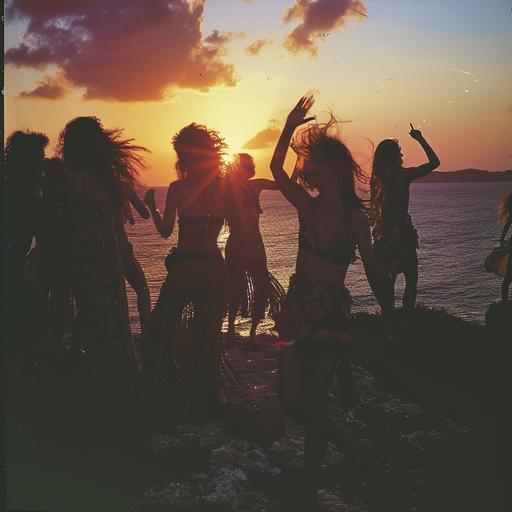 Nan Goldin style art, disco women dancing on the Ibiza coast, Ibiza in the 70s, hippie culture