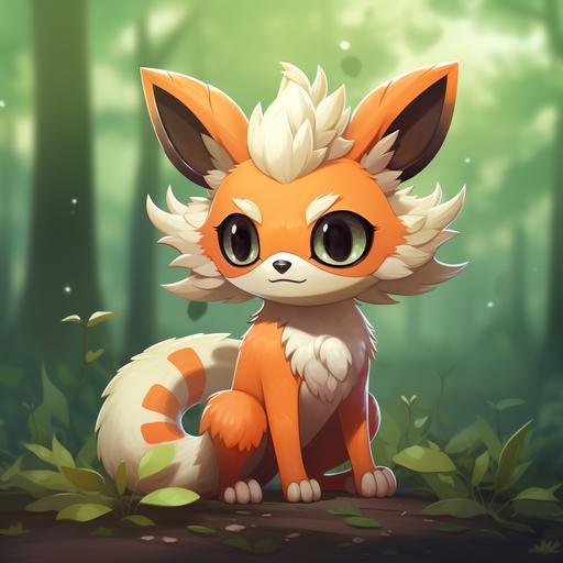 Naranlémur is an endearing Grass-type Pokémon that seamlessly blends the visual features of a lemur with the essence of a ripe orange tree. Its fur is a lively shade of orange, adorned with lush green leaves that harmoniously intertwine with its fur. The Pokémon's expressive eyes are large, reflecting its insatiable curiosity and keen intelligence. Sprouting from its long, furry tail are small, orange-shaped leaves, each one ready for use in battle. Naranlémur possesses the remarkable ability to harness the power of nature to cultivate and cultivate orange trees in its immediate surroundings. It expertly deploys oranges as projectile weapons and employs orange juice to effectuate quick healing for itself and fellow Pokémon. This Pokémon is widely celebrated for its noble role in safeguarding the agriculture and wildlife of the Valencia-inspired region. kindly request MidJourney to craft an image that faithfully captures Naranlémur in the style of official Pokémon artwork, emphasizing its cheery visage and its profound connection to the orange groves of the region, with a white background.