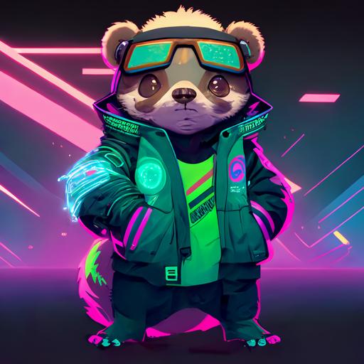 Very Young Otter wearing human clothing, streetwear, bombar jacket, boots, futuristic goggles, electric gadgets, neon bright colors, dark blue, orange, purple, mint green ar 1:1 --niji