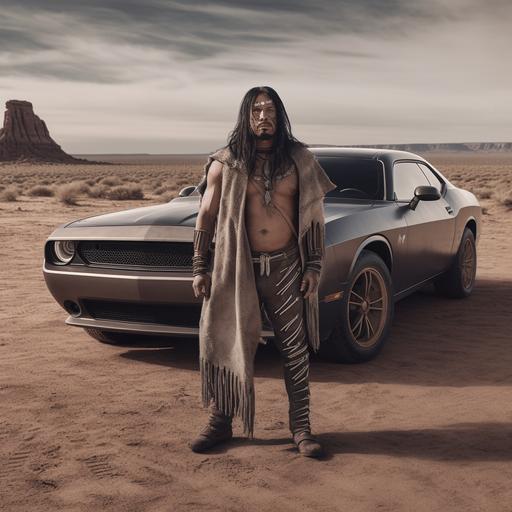 Native American man, dressed in Navajo clothing, standing next to a dark gray dodge challenger in a dirt road , high detail, hyper realistic, 4k