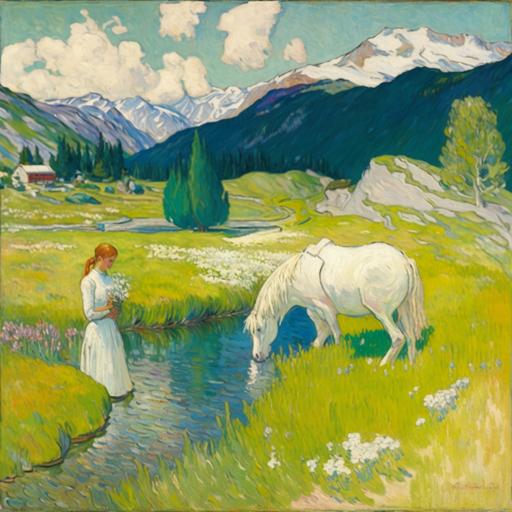 [Natural Landscape], [An oil painting with a girl and a white horse in the style of Van Gogh], [A sprawling meadow with a babbling brook in the background and towering mountains in the distance], [Serene], [Peaceful and calm, with a hint of wistfulness], The painting depicts a lush, sprawling meadow, with vibrant, multicolored wildflowers dotting the grassy expanse. A babbling brook winds its way through the center of the painting, leading the eye towards towering, snow-capped mountains in the distance. In the foreground, a young girl stands with her trusty white horse, their bond evident in the way they stand close together. The mood of the scene is serene, with a hint of wistfulness. The overall atmosphere is peaceful and calm, with a gentle breeze rustling the grass. The lighting effect is soft, with warm golden light enveloping the scene, casting long shadows behind the figures.