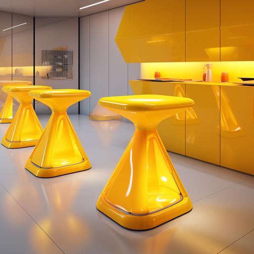 Near future, single-person stools, height-adjustable features that appeal to guests, guests, guests, men and women, that look like fresh ingredients, low-end, emental cheese, 100% glossy, plastic, yellow, triangular cheese shapes, three-dimensional composition, wide fast food restaurants, lively, cartoon