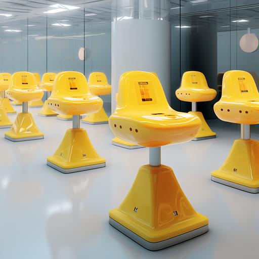 Near future, single-person stools, height-adjustable features that appeal to guests, guests, guests, men and women, that look like fresh ingredients, low-end, emental cheese, 100% glossy, plastic, yellow, triangular cheese shapes, three-dimensional composition, wide fast food restaurants, lively, cartoon