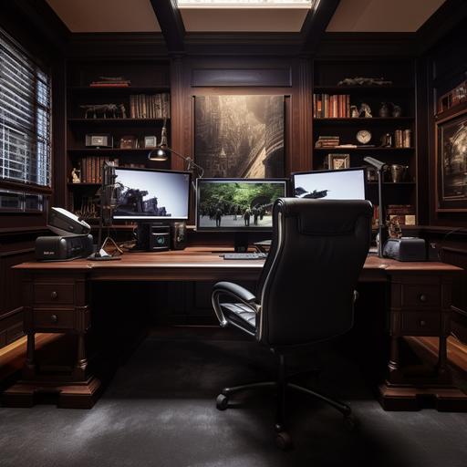Neat private offices, black desks, dual monitors on the desk, documents, books