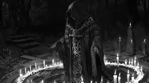 Necromancer Conducting a Ritual: Setting: The necromancer stands in a circle of candles in an abandoned cemetery. Appearance: The necromancer is dressed in a ceremonial robe with a hood. His face is hidden in shadow. Clothing: The necromancer's robe is decorated with embroidery of pentagrams and other occult symbols. Item: The necromancer holds an ancient tome of spells in his hand. Lighting: The only source of light is the candles arranged in a circle. black and white, drawn in pencil. --ar 16:9