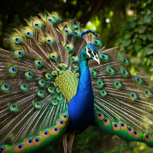 Need a peacock picture from south india, beautiful blue and green male peacock spreading wings, in nature, very scenaric, realistic, very intricate details, vibrant colourful detailed pictorial image in square size.