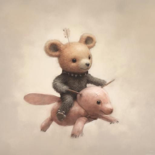 teddy bear riding an ant as a drawing with pastel colors