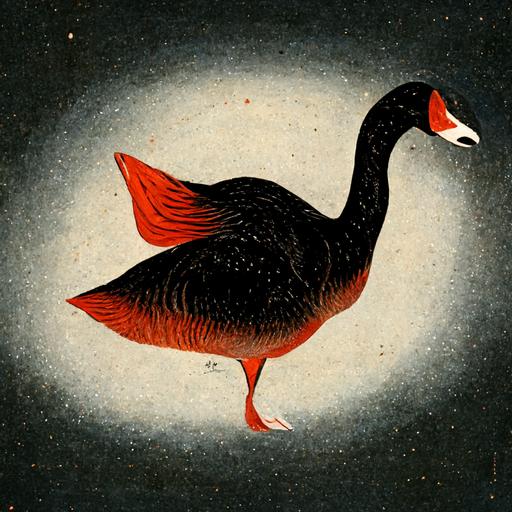 a red goose with the body and tail of a fish. Goose is yelling 