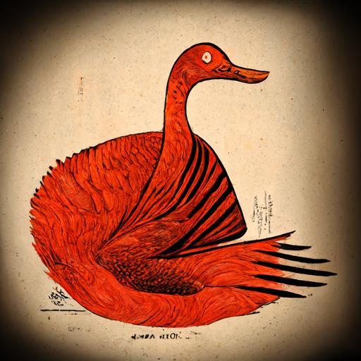 a red goose with the body and tail of a tuna waving his wings. Goose is honking. Cartoon, thick black outlines. Award winning art style.