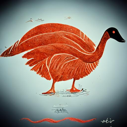 a red goose with the body and tail of a tuna waving his wings. Goose is honking. Cartoon, thick black outlines. Award winning art style.
