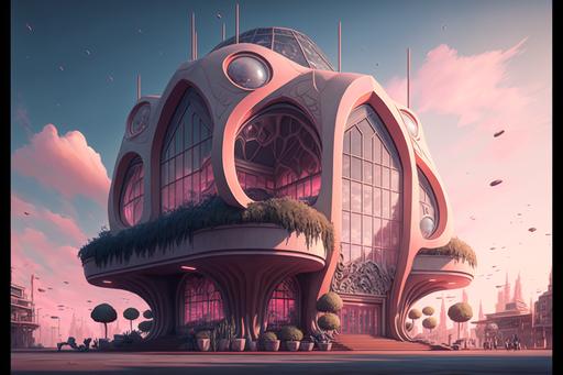 a One-story building in a plaza, futuristic, sci-fi, surveillance, flat lighting, plaza, plaza chairs, posters, game, potted plants, large windows, plaza props, light pink glow, stylized artstation, magic, fantasy, sky and clouds, world of magic, fantasy --ar 3:2 --v 4