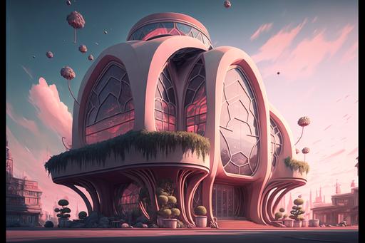 a One-story building in a plaza, futuristic, sci-fi, surveillance, flat lighting, plaza, plaza chairs, posters, game, potted plants, large windows, plaza props, light pink glow, stylized artstation, magic, fantasy, sky and clouds, world of magic, fantasy --ar 3:2 --v 4