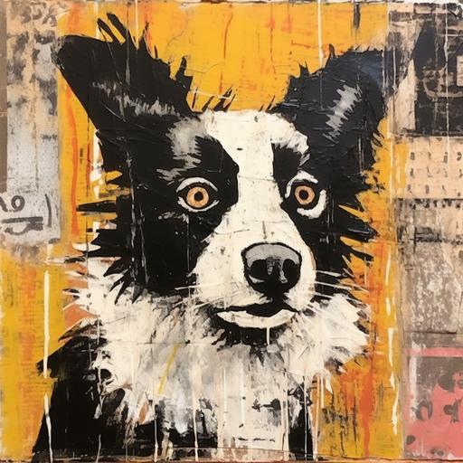 Neo - expressionism of a cartoon border collie looking at something inquisitively, comical, in the style of pulled, scraped, and scratched, meditative, unconventional poses, spiky mounds, 1970s, twisted characters, soggy, scruffy, risograph,minimalism--q 2 --c 30 --v 5.1 --s 750