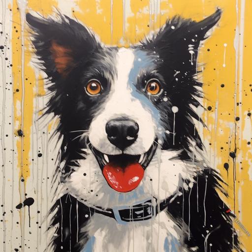 Neo - expressionism of a cartoon border collie looking at something inquisitively, comical, in the style of pulled, scraped, and scratched, meditative, unconventional poses, spiky mounds, 1970s, twisted characters, soggy, scruffy --q 2 --c 30 --v 5.1 --s 750