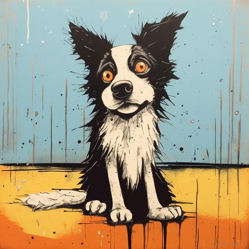 Neo - expressionism of a cartoon border collie looking at something inquisitively, comical, in the style of pulled, scraped, and scratched, meditative, unconventional poses, spiky mounds, 1970s, twisted characters, soggy, scruffy, risograph,minimalism--q 2 --c 30 --v 5.1 --s 750