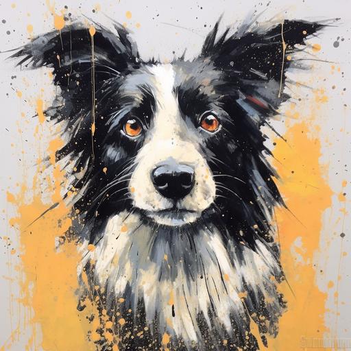 Neo - expressionism of a cartoon border collie looking at something inquisitively, comical, in the style of pulled, scraped, and scratched, meditative, unconventional poses, spiky mounds, 1970s, twisted characters, soggy, scruffy --q 2 --c 30 --v 5.1 --s 750