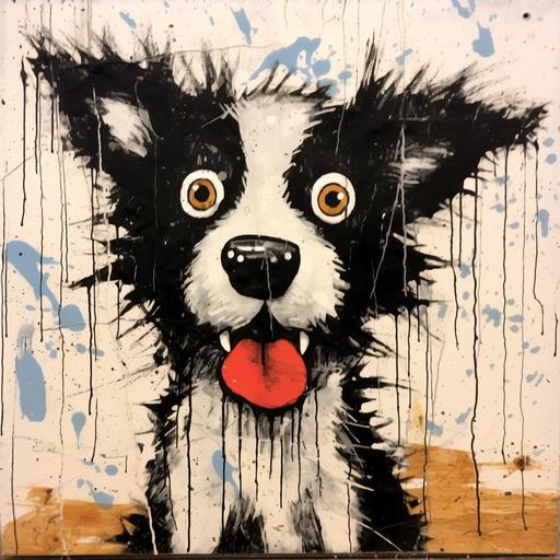 Neo - expressionism of a cartoon border collie looking at something inquisitively, comical, in the style of pulled, scraped, and scratched, meditative, unconventional poses, spiky mounds, 1970s, twisted characters, soggy, scruffy, risograph,minimalism--q 2 --c 30 --v 5.1 --s 750