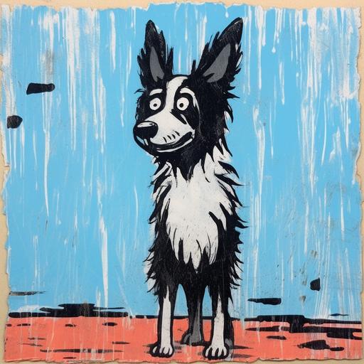 Neo - expressionism of a cartoon border collie looking at something inquisitively, comical, in the style of pulled, scraped, and scratched, meditative, unconventional poses, spiky mounds, 1970s, twisted characters, soggy, scruffy, risograph,minimalism--q 2 --c 30 --v 5.1 --s 750