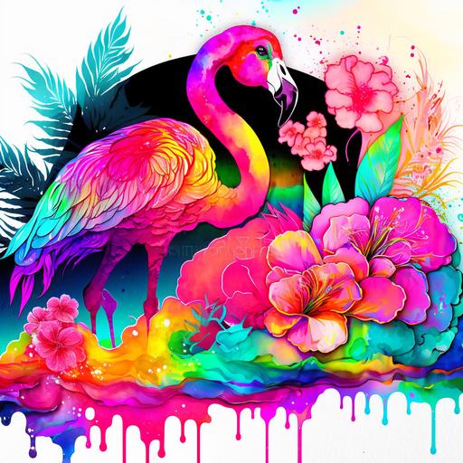 Neon Rainbow Alcohol Ink Glitter Flamingo with Orchids and Lisianthus flowers landscape