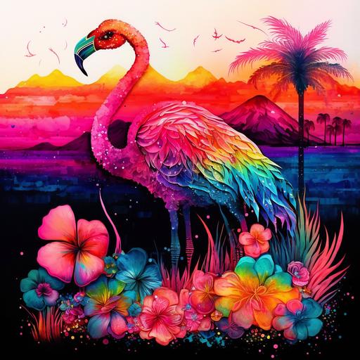 Neon Rainbow Alcohol Ink Glitter Flamingo with Orchids and Lisianthus flowers landscape