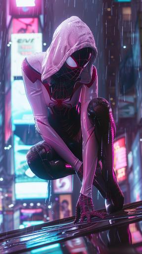 Neon Spider-Gwen in art deco clothing, cyberpunk, fullbody, highly detailed, 8k --ar 9:16 --v 6.0