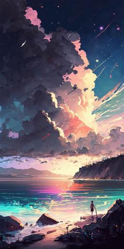 Neon Watercolor painting, Lovely Anime Sunrise Scenery, Coastal, wallpaper, Beautiful lighting, Dreamy, Ethereal Sky, Vibrant, pixiv masterpiece --ar 1:2 --chaos 50