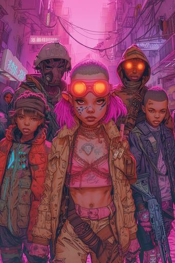 Neon punk style illustrations, light purple and light brown colored pencil drawings, poodle punk, dragcore, Godfrey Neller, gothic punk, slums, armed little gangsters, groups of children of various nationalities --ar 2:3 --v 6.0 --s 150 --style raw