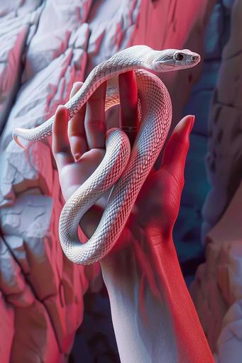 Neon red skeleton hand with a silver chrome viper coiled around it. Pretty girl holding a snake in a dark desert canyon landscape, symbol --ar 2:3 --style raw --v 6.0