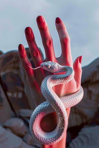 Neon red skeleton hand with a silver chrome viper coiled around it. Pretty girl holding a snake in a dark desert canyon landscape, symbol --ar 2:3 --style raw --v 6.0