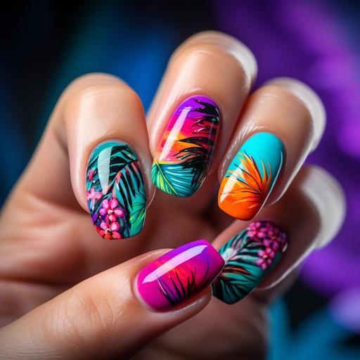 Neon summer nails, one hand, Nail Art Designs, beautiful,perfect fingers, perfect long nails, beautiful nail photography, photorealistic, incredibly detailed, hyper realistic, 8k, UHD. --v 5