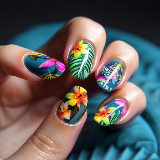 Neon summer nails, one hand, Nail Art Designs, beautiful,perfect fingers, perfect long nails, beautiful nail photography, photorealistic, incredibly detailed, hyper realistic, 8k, UHD. --v 5