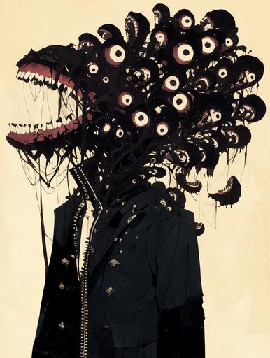 Nepenthes are a large head full of other heads, zipper slash mouth grin, human being as a mystic prison for too happy faces , many souls trapped in one head , surreal portrait illustration , magical curses. Art by mierAI --ar 3:4 --style raw --stylize 1000 --niji 6