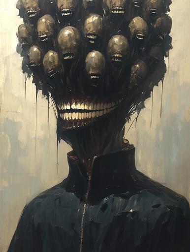 Nepenthes are a large head full of other heads, zipper slash mouth grin, human being as a mystic prison for too happy faces , many souls trapped in one head , surreal portrait illustration , magical curses. Art by mierAI --ar 3:4 --style raw --stylize 1000 --niji 6