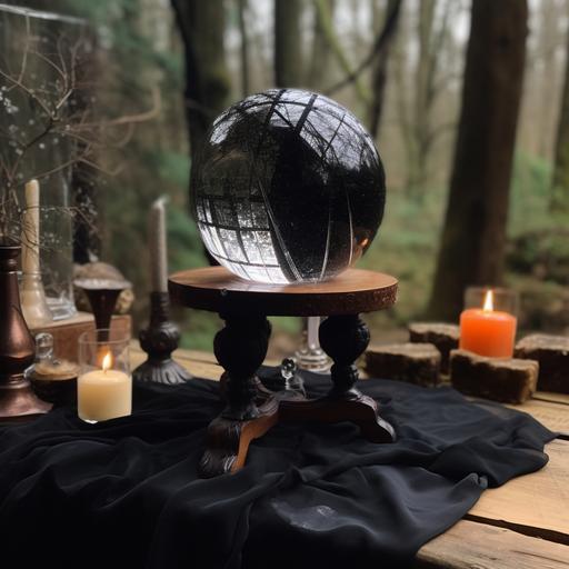 clear crystal ball on wooden stand, black velvet table cover, candles, witchcraft, crystal towers, woods in background,8k, --q 2 --v 5 --q 2 --v 5