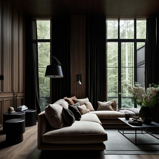Neri&Hu design style living room with a rectangular space that measures 3.2 meters in height. The room features a floor-to-ceiling window on one side, draped with off-white linen curtains. The sofa is made of black leather, while the floor is covered with wooden planks. The walls are painted in a wood-grain color, adding warmth to the space. The wide-angle lens captures the entirety of the space, while the ultra-high definition rendering brings out the smallest details in stunning clarity.