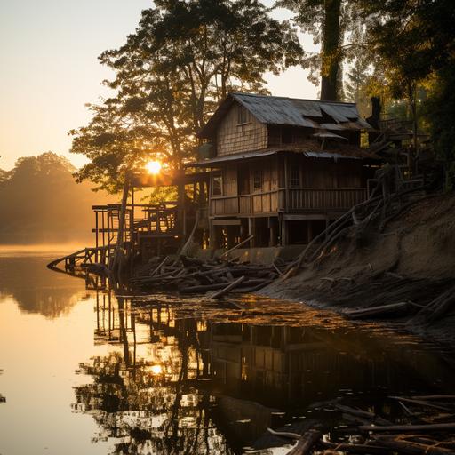 Nestled on the edge of a gentle river stands a stilted wooden house, its timbers aged by time and weather. Adjacent to the house, a chicken coop bustles with activity, while a pigeon cage, perched slightly higher, houses cooing birds that occasionally take flight. The river, though small, flows serenely, reflecting the hues of the setting sun and the shadows of the abundant trees lining its banks. A rustic wooden bridge arches over the water, connecting the two sides of this tranquil setting. As evening approaches, a soft mist begins to envelop the landscape, adding a touch of mystique to the already serene atmosphere. --s 250