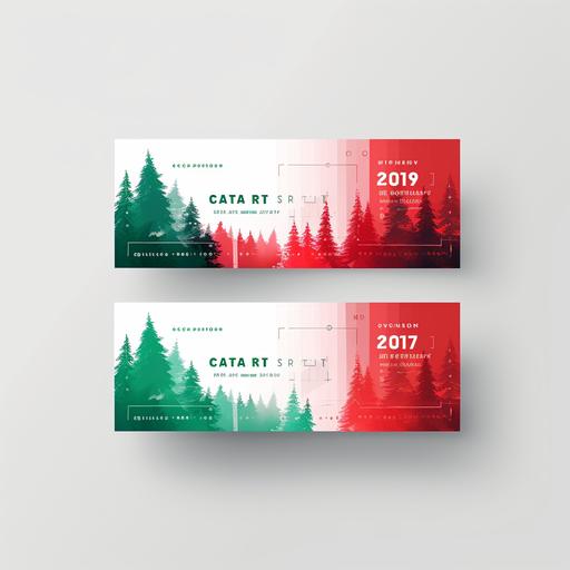 New Year party ticket, red, green, white, christmas trees, minimalism