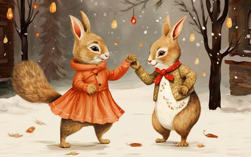 New Year postcard with funny rabbit and squirrel dancing together. Soviet Union retro style. --ar 16:10