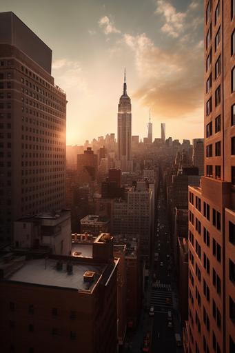 New York office, sunset, skyline scren view, ultra realistic, high resolution, --v 5 --ar 2:3