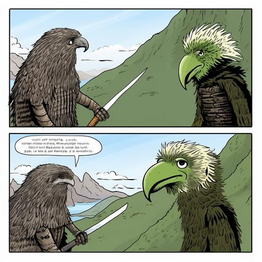 New Zealand Long tailed Batman and sidekick kakapo in bang pow comic strip --s 50