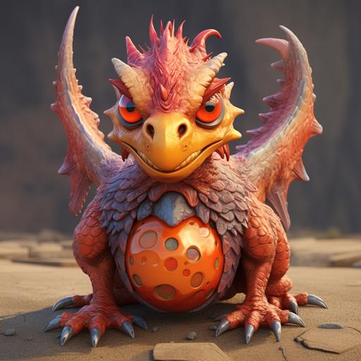 big monster that has a ball he rolls on, two eyes that are different colored, scales, two duck feet, orange colored covered in red dragon spikes, happy