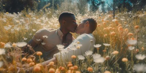 🪞 two interracial gay men kiss tenderly while reclining in wildflowers on a sunny afternoon, laughing, wind motions, ants, dramatic lighting, full-body view, for a Dreamlike movie about a colorful dark spirituality, photo by Oleg Oprisco, wide angle lens, 70mm lens, analog film, photorealistic, medium full shot, dreamy lighting, full body photo, perfect corporal proportions, --ar 2:1 --q 5 --v 5
