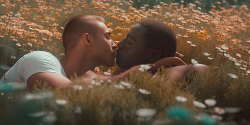 🪞 two interracial gay men kiss tenderly while reclining in wildflowers on a sunny afternoon, laughing, wind motions, ants, dramatic lighting, full-body view, for a Dreamlike movie about a colorful dark spirituality, photo by Oleg Oprisco, wide angle lens, 70mm lens, analog film, photorealistic, medium full shot, dreamy lighting, full body photo, perfect corporal proportions, --ar 2:1 --q 5 --v 5