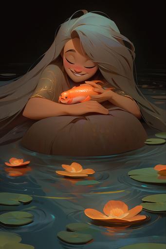 Kingyo hime, the meaning of life when a young man meets a mysterious beauty who is the incarnation of goldfish, , carnivalesque, odyssean, shimmering , luxurious, hypermaximalist, surreal, slim anime girl, , anaglyphic, disney princess, wlop, artgerm, artstation --ar 2:3 --c 44 --s 666 --niji 5 --style expressive --no white background