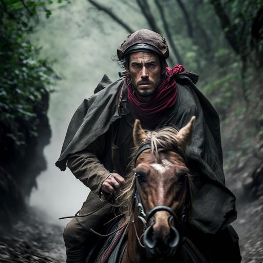 Masterwork, best picture quality, A handsome sweaty tattered 30-year-old man with wavy hair blowing in the bind, dressed as an assassin, alert, riding a brown mule through the forested Zhangjiajie-type mountains, rain of carmine liquid wax photorealistic, ultra wide-angle lens, UHD, 16k, , super sharp focus, color correction, 35mm, gamma, build, complementary colors, global illumination, reflections, art photography, creative, expressiveness, uniqueness, high quality, Canon EOS 5D Mark DSLR IV, f/ 5.6, shutter speed 1/125 sec, ISO 100, Adobe Photoshop Award, experimental technique, unusual angles, attention to detail --s 250