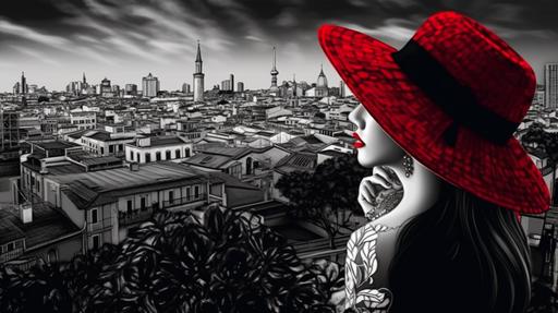 Saigon city, a beautiful and passionate woman with long hair wearing a stylish jazz hat and haute couture, mouline rouge, surrounded by a vibrant city landscape, stark black and white, epic artwork --ar 16:9 --upbeta --q 2 --v 5